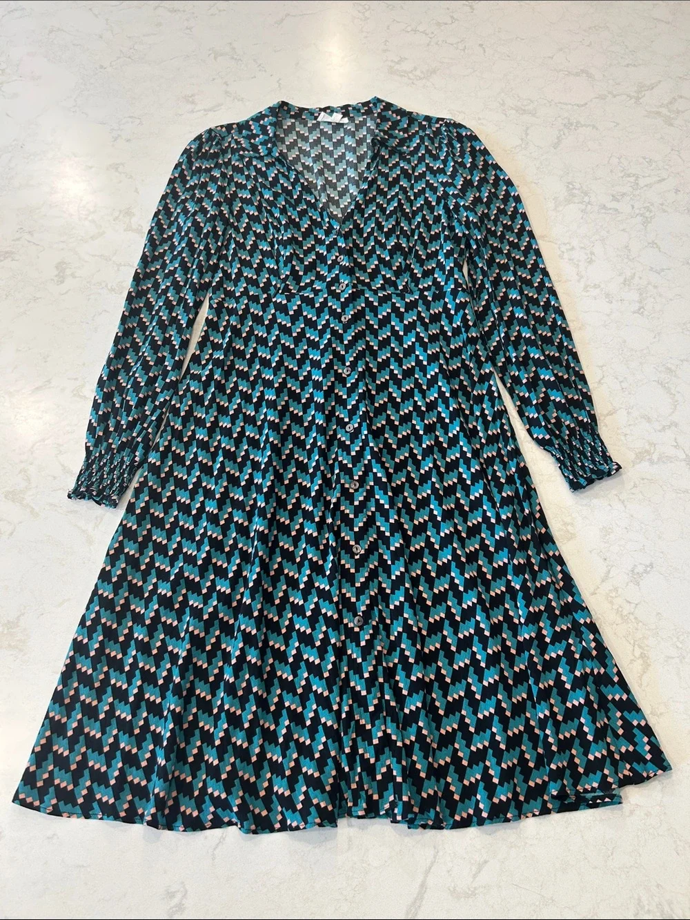 Seraphine Geometric Print Teal and Black Long Sleeve Nursing Post Natal‎ Dress 4